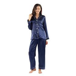 Gaeshow Damen-Schlafanzug-Set, Seidensatin, Pyjama-Set, langärmelige Nachtwäsche, Loungewear für alle Jahreszeiten Gr. 36, dunkelblau von GAESHOW