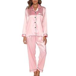 Gaeshow Damen-Schlafanzug-Set, Seidensatin, Pyjama-Set, langärmelige Nachtwäsche, Loungewear für alle Jahreszeiten Gr. XL , rose von GAESHOW
