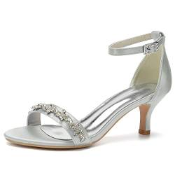 GAGALU Strömung Riemchen Design Sandalen, Kätzchen Fersenschnallen Damen Sommer High Heels,Silber,43 EU von GAGALU
