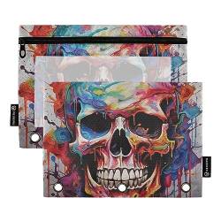 GAIREG Bunte Malerei Schädel Reißverschluss Bleistift Beutel 3 Ring Binder Beutel mit Reißverschluss 2 Pack von GAIREG