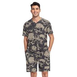 GAIREG Human Skulls Herren Sommer Pyjama Set Kurzarm Nachtwäsche S-XXL, Grunge Totenkopf-Muster, Large von GAIREG