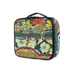 GAIREG Make-up-Tasche mit tropischen Blättern auf marineblauem Material, für Damen, tragbar, mit Trennwänden, Kulturbeutel, Hawaiianische Tribal-Elemente Floral 1 von GAIREG