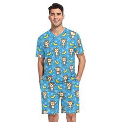 GAIREG Monkey Banana Pyjama-Set mit blauem Muster für Herren, weich, kurzärmelig, Nachtwäsche, Loungewear, S-XXL, Affe Banane Blau Muster, L von GAIREG