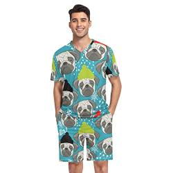 GAIREG Niedlicher Cartoon Frosch Herren Pyjama Set Kurzarm V-Ausschnitt 2 Stück Nachtwäsche mit Taschen S-XXL, Niedliche Mopsgesichter im Winter, Medium von GAIREG