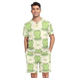 GAIREG Niedlicher Cartoon Frosch Herren Pyjama Set Kurzarm V-Ausschnitt 2 Stück Nachtwäsche mit Taschen S-XXL, Süßes Frosch-Muster., Medium von GAIREG