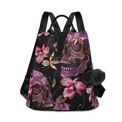 GAIREG Rucksack Geldbörse für Frauen Sommer Wassermelone Anti Diebstahl Reisetasche Mode Pompon Rucksack für Wandern, Menschlicher Schädel Rosa Blumen von GAIREG