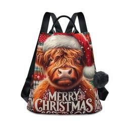 GAIREG Rucksack für Damen, Motiv: Einhorn auf Wald, Lila, Rosa, Diebstahlschutz, Handtasche mit Pompon-Reisetasche, Schottische Kuh mit Weihnachtsmütze von GAIREG