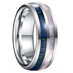 GALANI 8mm Silber Ring Männer Frauen Wolfram Ringe Eheringe Verlobungsringe Vorschlagsring Geburtstag Geschenk mit Blauer Holz und Perlmutt Holzring Schmuck Größe 57(18.1) von GALANI