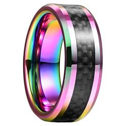 GALANI Herren Damen Eheringe Regenbogen Verlobungsring Hochzeitsring 8mm Wolfram Ring Vertrauensring mit Schwarz Kohlefaser und Farbiger Abgeschrägter Kante Comfort Fit Größe 62(19.7) von GALANI