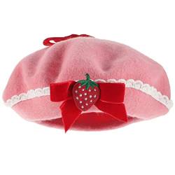 GALPADA Erdbeershortcake Hut Wollbaskenmütze Baskenmützen Erdbeerschleife Wollmütze Süße Handgefertigte Französische Baskenmütze für Halloween Weihnachten Dame Erdbeer- Hut von GALPADA