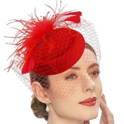 Fascinator-Hüte Brautschleier Haarschmuck Hochzeit Hüte Kopfschmuck Feder Gesichtsmaske Mesh Schleier Kopfschmuck Daimyo Mesh Haarspangen Haarbänder (Color : Red, Size : One Size) von GALSOR