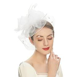 Fascinator-Hüte Literarischer Braut-Kopfschmuck, Haarschmuck, Schleier-Haarspangen, Jockey-Mesh-Zeremonie-Hut, Haarbänder (Color : Bianco, Size : One Size) von GALSOR