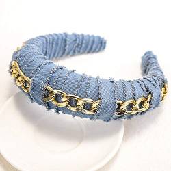 Rutschfester Haarreifen Haarband aus Denim-Stoff mit Kette, Haarschmuck, verdickter Schwamm, Wickel-Stirnband, Kopfbedeckung (Color : Light blue 2, Size : One Size) von GALSOR