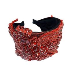 Rutschfester Haarreifen Kristall-Blumen-Licht-Luxus-Haarband for Damen, gepresstes Haar, bestickt, Diamant-Haarkarte, breites Seiten-Stirnband (Color : Red, Size : One Size) von GALSOR