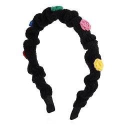 Rutschfester Haarreifen Lady Hairband Cute Little Knitted Colourful Flower Hairband Daily Wearing Party Accessories (Color : Black, Size : 12x2.5cm) von GALSOR