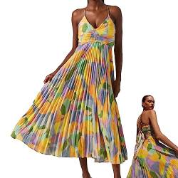 Rückenfreies Kleid für Damen, Kleid mit plissiertem Print, Ärmelloses, überkreuztes Maxikleid mit Spaghettiträgern und V-Ausschnitt (A,M) von GAMIRA