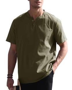 GAMISOTE Herren Freizeithemd Casual Baumwolle Hemd V-Ausschnitt Kurzarm Sommerhemd Tshirt (L, Armeegrün) von GAMISOTE