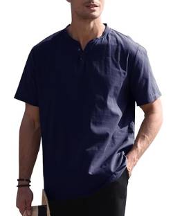 GAMISOTE Herren Freizeithemd Casual Baumwolle Hemd V-Ausschnitt Kurzarm Sommerhemd Tshirt (L, Dunkelblau) von GAMISOTE