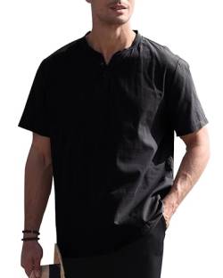 GAMISOTE Herren Freizeithemd Casual Baumwolle Hemd V-Ausschnitt Kurzarm Sommerhemd Tshirt (XL, Schwarz) von GAMISOTE