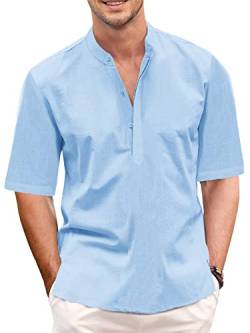 GAMISOTE Herren Freizeithemd Casual Kurzarm Hemd Baumwolle Henley Shirt V Ausschnitt Sommerhemd (L, Blau) von GAMISOTE