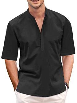 GAMISOTE Herren Freizeithemd Casual Kurzarm Hemd Baumwolle Henley Shirt V Ausschnitt Sommerhemd (L, Schwarz) von GAMISOTE