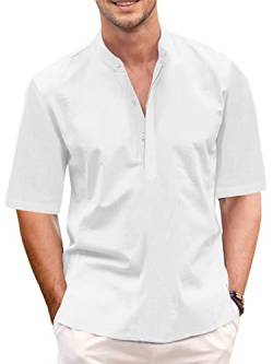 GAMISOTE Herren Freizeithemd Casual Kurzarm Hemd Baumwolle Henley Shirt V Ausschnitt Sommerhemd (XL, Weiß) von GAMISOTE