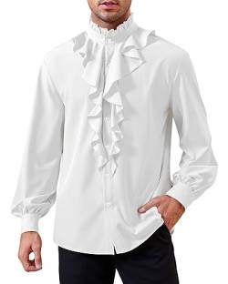 GAMISOTE Herren Rüschenhemd Langarm Mittelalter Hemd Renaissance Gothic Shirt Steampunk (XL, Weiß) von GAMISOTE