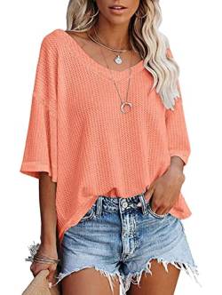 GAOBI Oberteile Damen Elegante Strick Hemd Bluse Sommer Oversize Halbarm Locker Tunika Tops Casual Fledermausärmel V-Ausschnitt Einfarbig Lose T-Shirt Sommerhemd Orange gr 40 von GAOBI