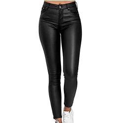 GAOSHI Jeans In Lederoptik Mit Hoher Taille Für Frauen | Slim Fit Skinny Hose Mit Hoher Taille Für Damen (Color : Noir, Size : M) von GAOSHI