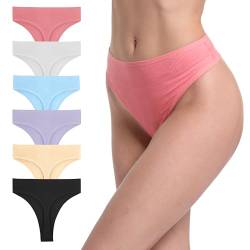 GAREDOB 6er-Pack gerippte Baumwoll-Tangas für Damen, hohe Taille, nahtlose Höschen, Übergröße, hohe Taille, keine Show Unterwäsche, 6 x hohe Stringtanga, M von GAREDOB