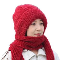 GASMA Integrierter Ohrenschutz, winddichter Mützenschal, Dicker, Warmer Ohrenschutz, modische, warme Winter-Strickmütze für Frauen (Red) von GASMA