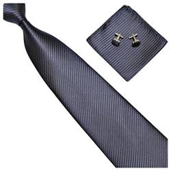 GASSANI 3-SET Blaue Krawatte Streifen gestreift | Binder Dunkel-Blau Manschettenknöpfe Einstecktuch | Krawattenset zum Anzug Seide-Optik von GASSANI