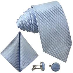 GASSANI 3-SET Blaue Krawatte Streifen gestreift | Binder Hell-Blau Manschettenknöpfe Einstecktuch | Krawattenset zum Anzug Seide-Optik von GASSANI