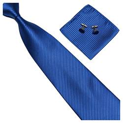 GASSANI 3-SET Blaue Krawatte Streifen gestreift | Binder Royal-Blau Manschettenknöpfe Einstecktuch | Krawattenset zum Anzug Seide-Optik von GASSANI