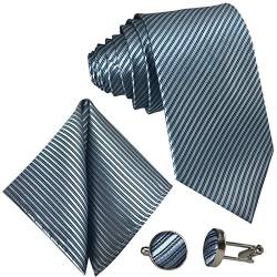 GASSANI 3-SET Blaugraue Krawatte Streifen gestreift | Binder Grau-Blau Manschettenknöpfe Einstecktuch | Krawattenset zum Anzug Seide-Optik von GASSANI