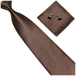 GASSANI 3-SET Braune Krawatte Streifen gestreift | Binder Dunkel-Braun Manschettenknöpfe Einstecktuch | Krawattenset zum Anzug Seide-Optik von GASSANI