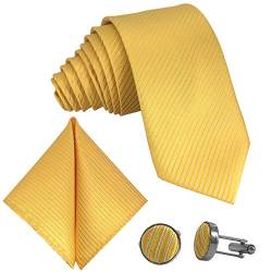GASSANI 3-SET Gelbe Krawatte Streifen gestreift | Binder Gelb Manschettenknöpfe Einstecktuch | Krawattenset zum Anzug Seide-Optik von GASSANI