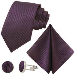 GASSANI 3-SET Lila Krawatte Streifen gestreift | Binder Violett Manschettenknöpfe Einstecktuch | Krawattenset zum Anzug Seide-Optik von GASSANI