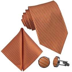GASSANI 3-SET Orange Krawatte Streifen gestreift | Binder Manschettenknöpfe Einstecktuch | Krawattenset zum Anzug Seide-Optik von GASSANI