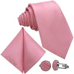 GASSANI 3-SET Rosa Krawatte Streifen gestreift | Binder Rose Manschettenknöpfe Einstecktuch | Krawattenset zum Anzug Seide-Optik von GASSANI