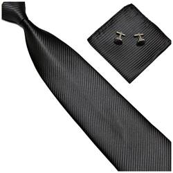 GASSANI 3-SET Schwarze Krawatte Streifen gestreift | Binder Schwarz Manschettenknöpfe Einstecktuch | Krawattenset zum Anzug Seide-Optik von GASSANI