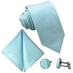GASSANI 3-SET Türkise Krawatte Streifen gestreift | Binder Türkis-Blau Manschettenknöpfe Einstecktuch | Krawattenset zum Anzug von GASSANI