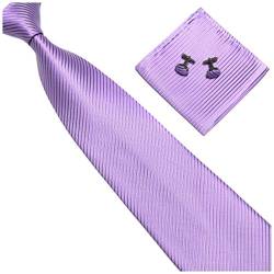 GASSANI 3-SET Violette Krawatte Streifen gestreift | Binder Flieder-Violett Manschettenknöpfe Einstecktuch | Krawattenset zum Anzug Seide-Optik von GASSANI