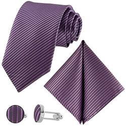 GASSANI 3-SET Violette Krawatte Streifen gestreift | Binder Lila Manschettenknöpfe Einstecktuch | Krawattenset zum Anzug Seide-Optik von GASSANI