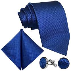 GASSANI 8cm Breite Herrenkrawatte Krawattenset Royal-Blaue Karo-Muster, Schmale Skinny Hochzeitskrawatte Herrenschlips Einstecktuch Manschettenknöpfe von GASSANI