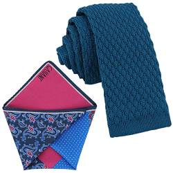 GASSANI Krawatten-Set, 6cm Schmale Blaue Strick-Krawatte, Dünne Vintage Herren-Krawatte Wolle Baumwolle, Einstecktuch Bunt 4 Verschiedene Designs von GASSANI