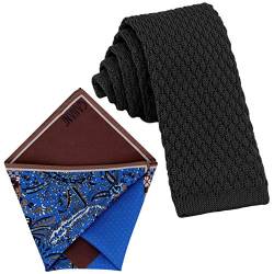 GASSANI Krawatten-Set, 6cm Schmale Schwarze Strick-Krawatte, Dünne Vintage Herren-Krawatte Wolle Baumwolle, Einstecktuch Bunt 4 Verschiedene Designs von GASSANI