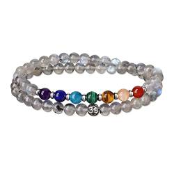 GAVU Damen 7 Chakren Armband OM Charm Kristall Perlenarmband aus Labradorit Größe M von GAVU