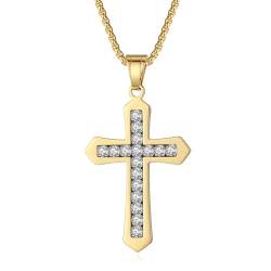 GAVU Edelstahl-Gold-Kreuz-Anhänger-Halskette mit Cubic Zirconia für Herren, Jesus-Kreuz-Anhänger-Halskette 55cm von GAVU