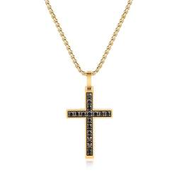 GAVU Edelstahl Herren Halskette Jesus Kreuz Kette Herren Gold mit schwarzen Cubic Zirconia Kreuz Anhänger Gold 55cm von GAVU